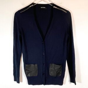 The Kooples Navy Cardigan 100% Merino Wool and Leather Lambskin Zipper size M
